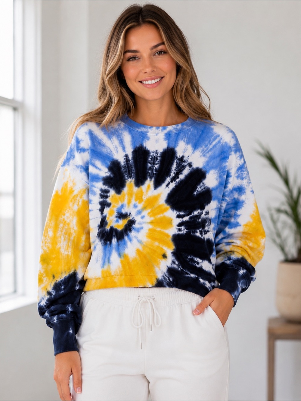 TNA Cozy AF Tie-Dye Oversized Crewneck Sweatshirt Blue Yellow Size 2 Small